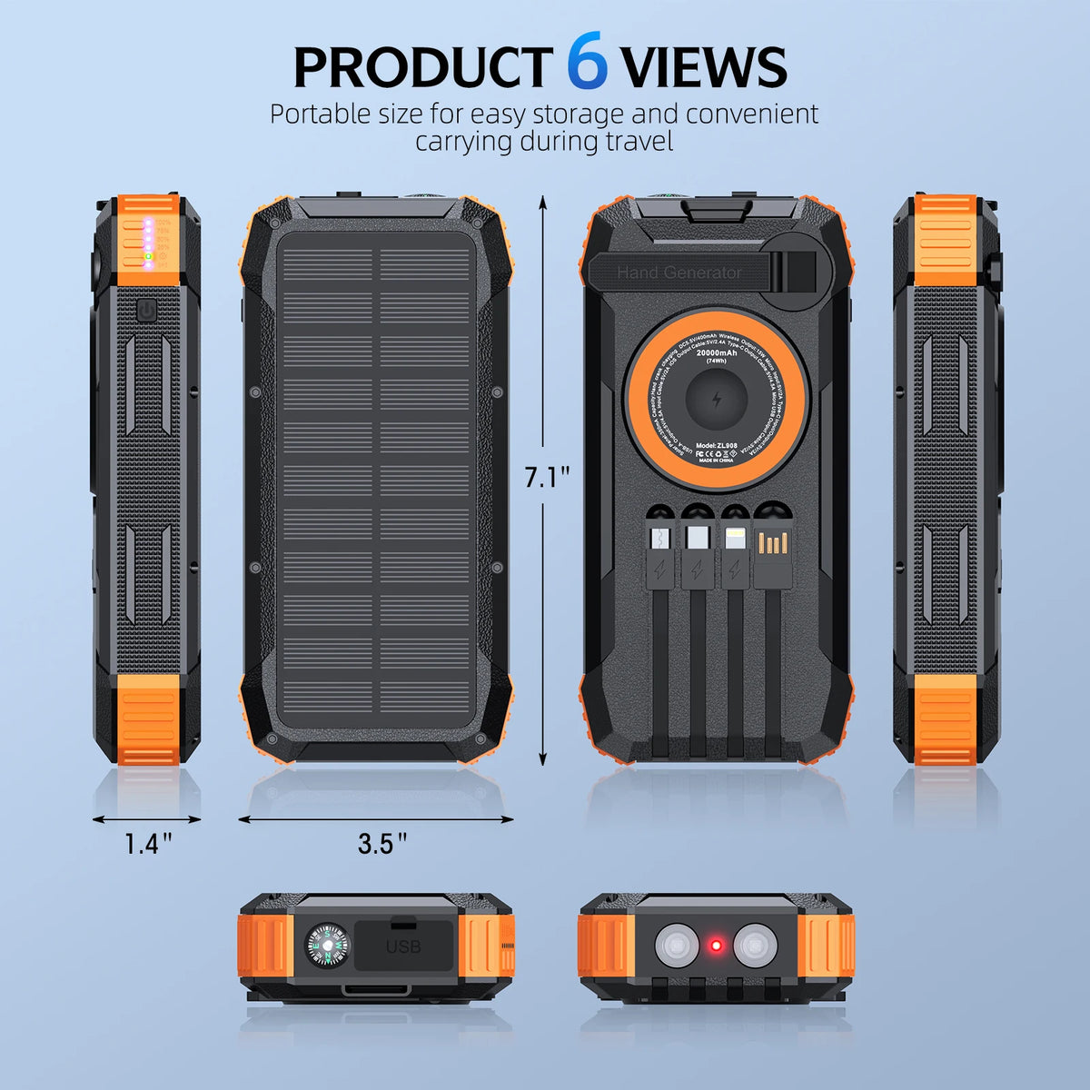 Rscrola Hand Crank Solar Power Bank Wireless Charger LED Light