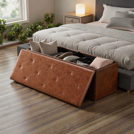 SARENZOON Tufted Faux Leather Folding Storage Ottoman With Footrest