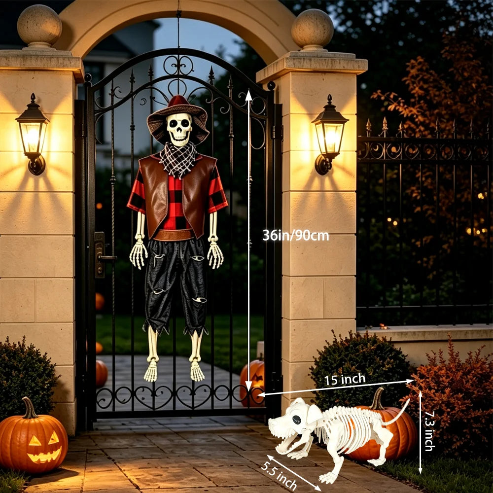 Posable Skeleton And Dog Halloween Cowboy Outdoor Decorations Set