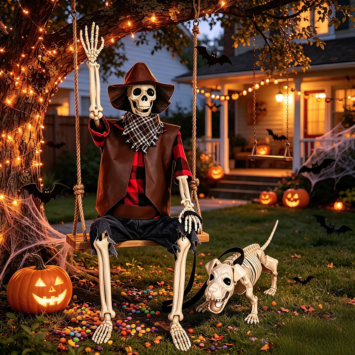 Posable Skeleton And Dog Halloween Cowboy Outdoor Decorations Set
