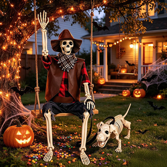 Posable Skeleton And Dog Halloween Cowboy Outdoor Decorations Set