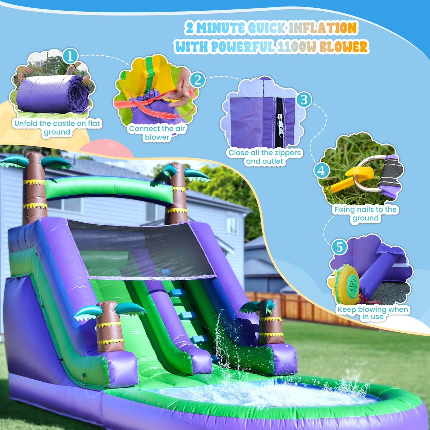 Commercial PVC Inflatable Water Slide With 950W Blower