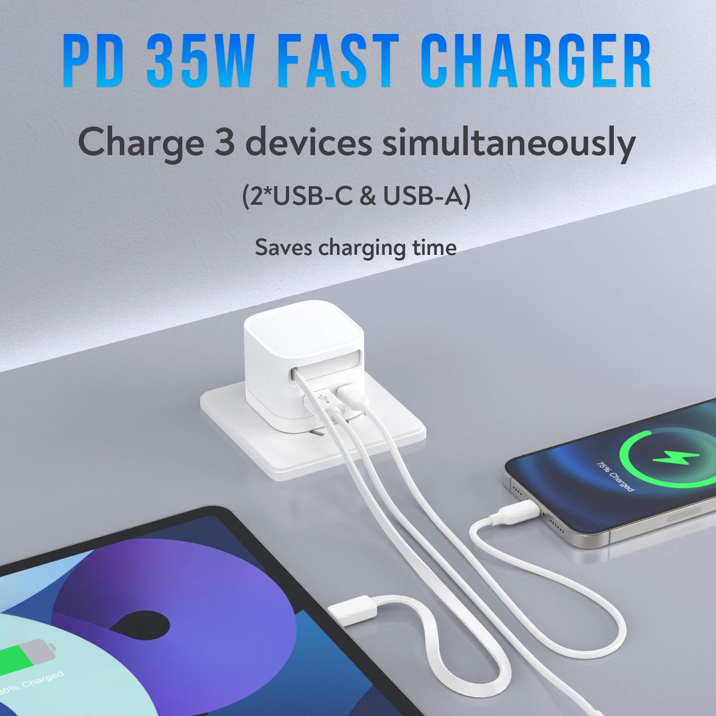 GaN 35W Fast Charger With Retractable Cable For iPhone Android