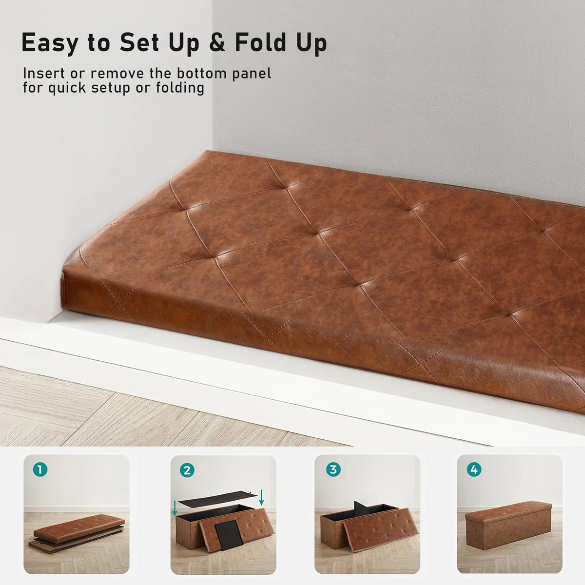 SARENZOON Tufted Faux Leather Folding Storage Ottoman With Footrest