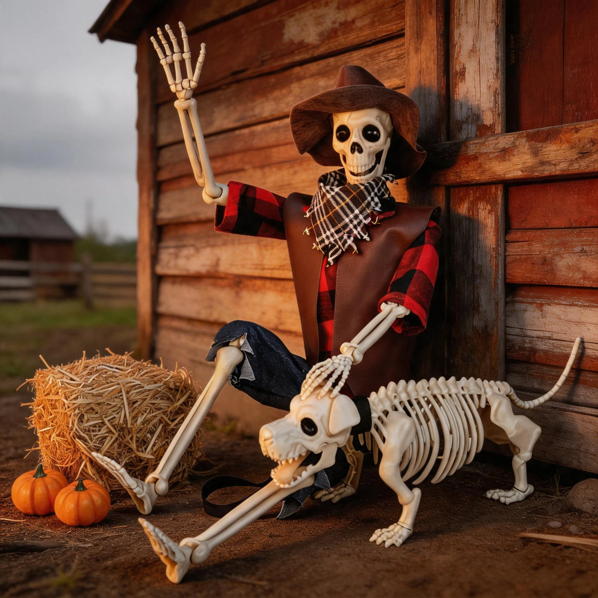 Posable Skeleton And Dog Halloween Cowboy Outdoor Decorations Set