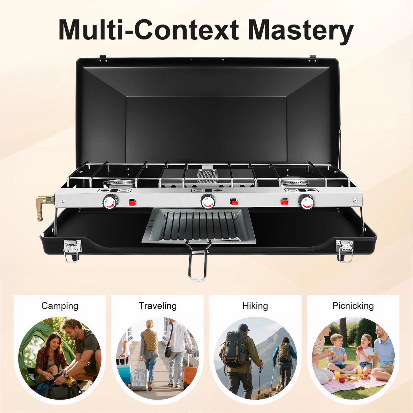 Portable Gas Camping Stove 3 Burners Piezo Ignition Windproof Foldable