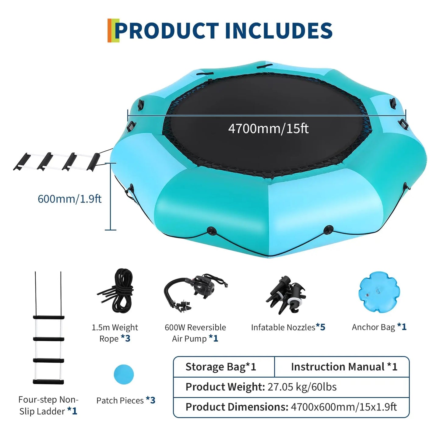Inflatable Water Trampoline With Electric Inflator Rope Ladder Mooring Ropes