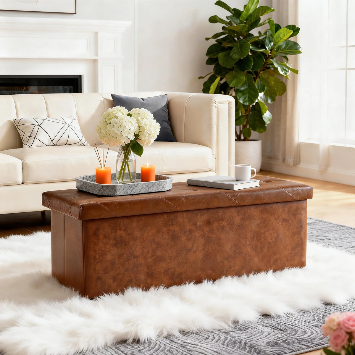 SARENZOON Tufted Faux Leather Folding Storage Ottoman With Footrest