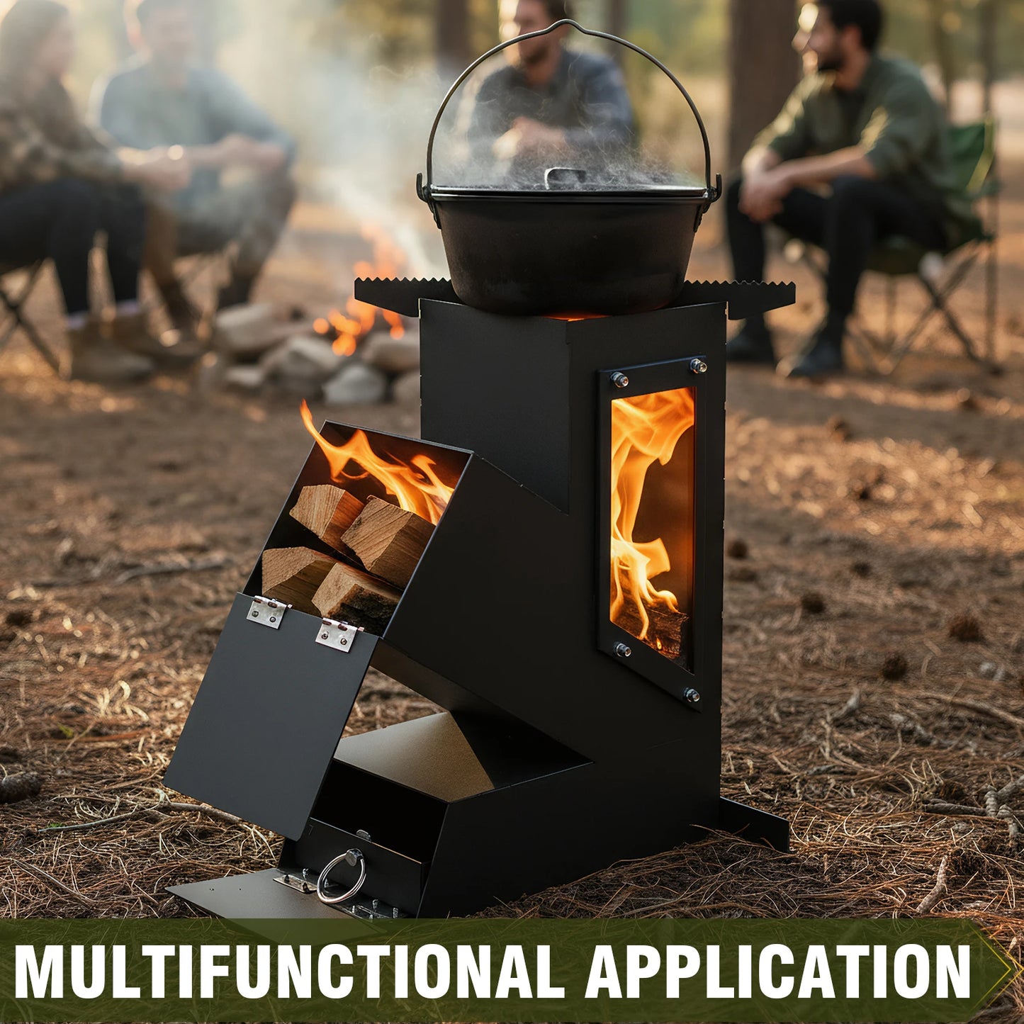 Portable Rocket Stove With Glass Door Outdoor Camping Grill