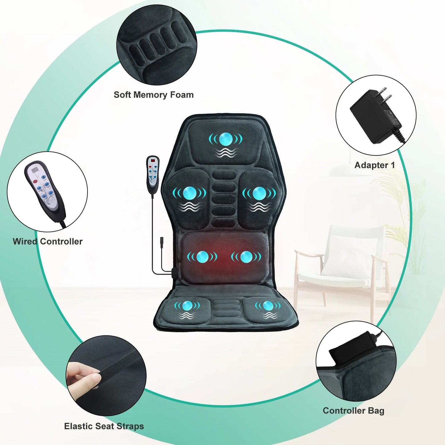 HOMEMASSA Vibration Back Massager Seat Cushion With Heat Pain Relief