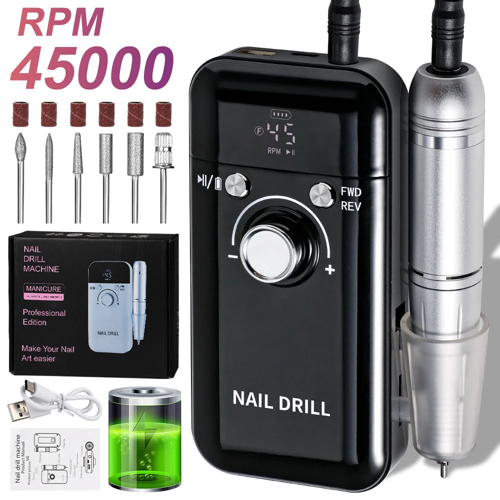 Nail Drill 45000 RPM Rechargeable Electric File For Acrylic Gel Removal
