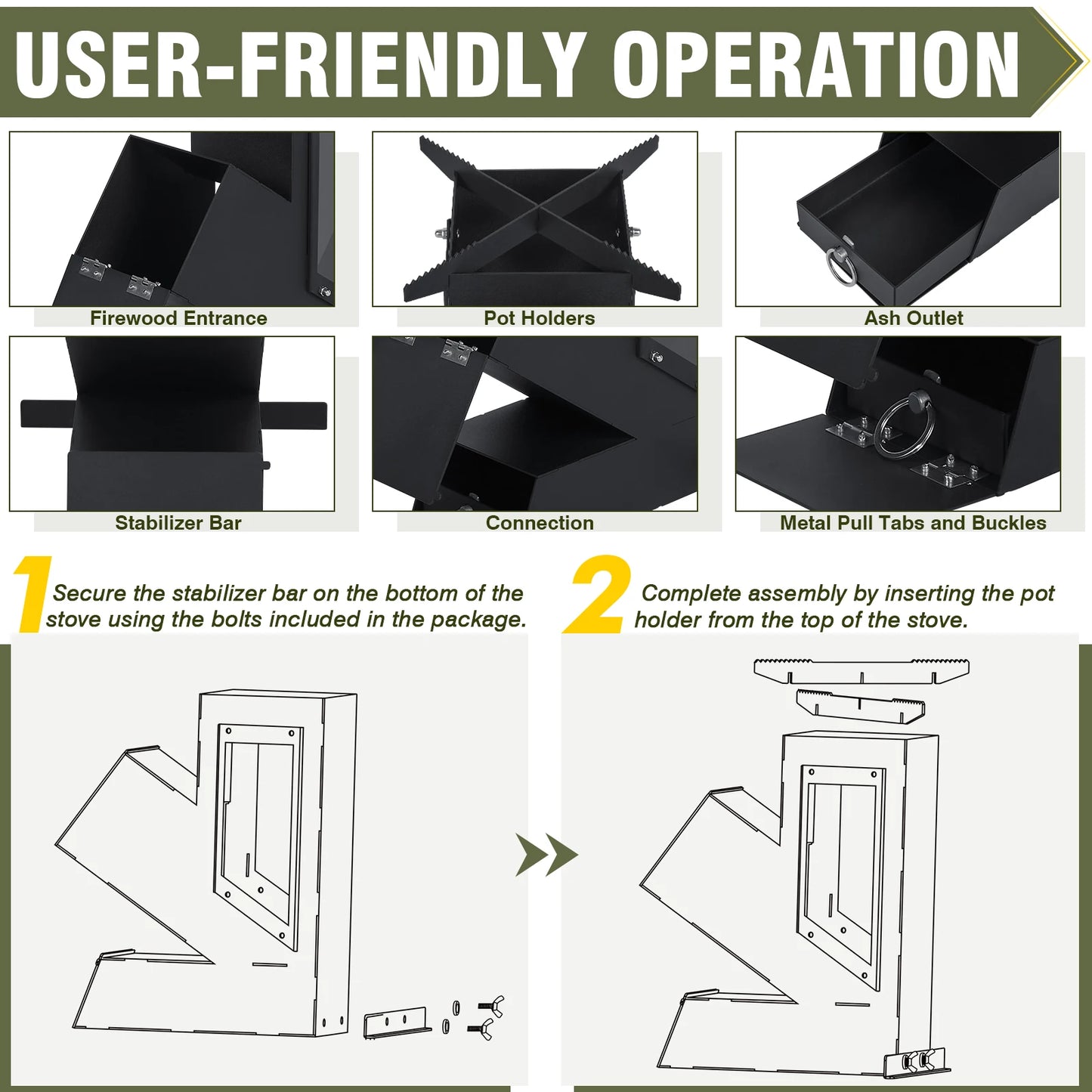 Portable Rocket Stove With Glass Door Outdoor Camping Grill