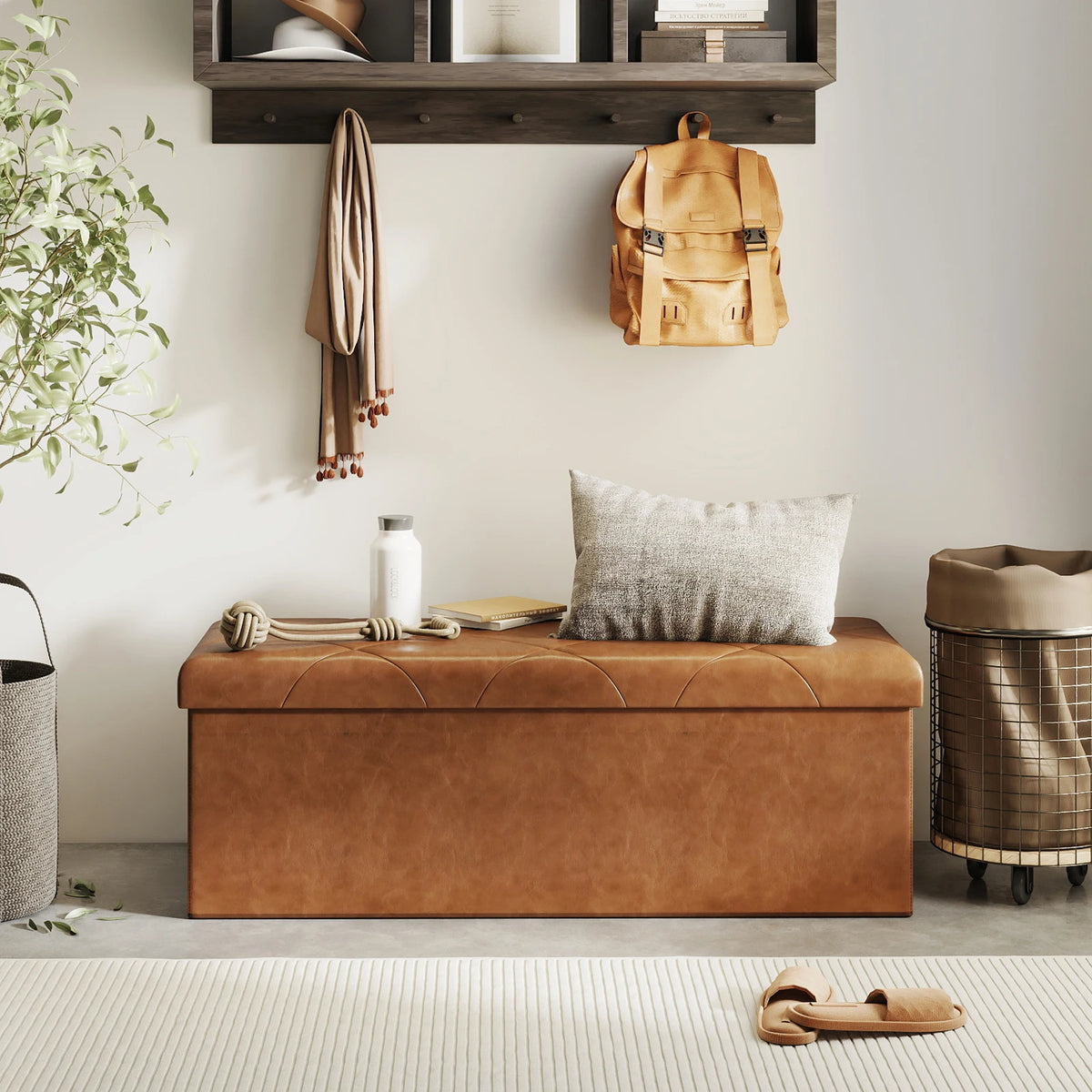 SARENZOON Tufted Faux Leather Folding Storage Ottoman With Footrest