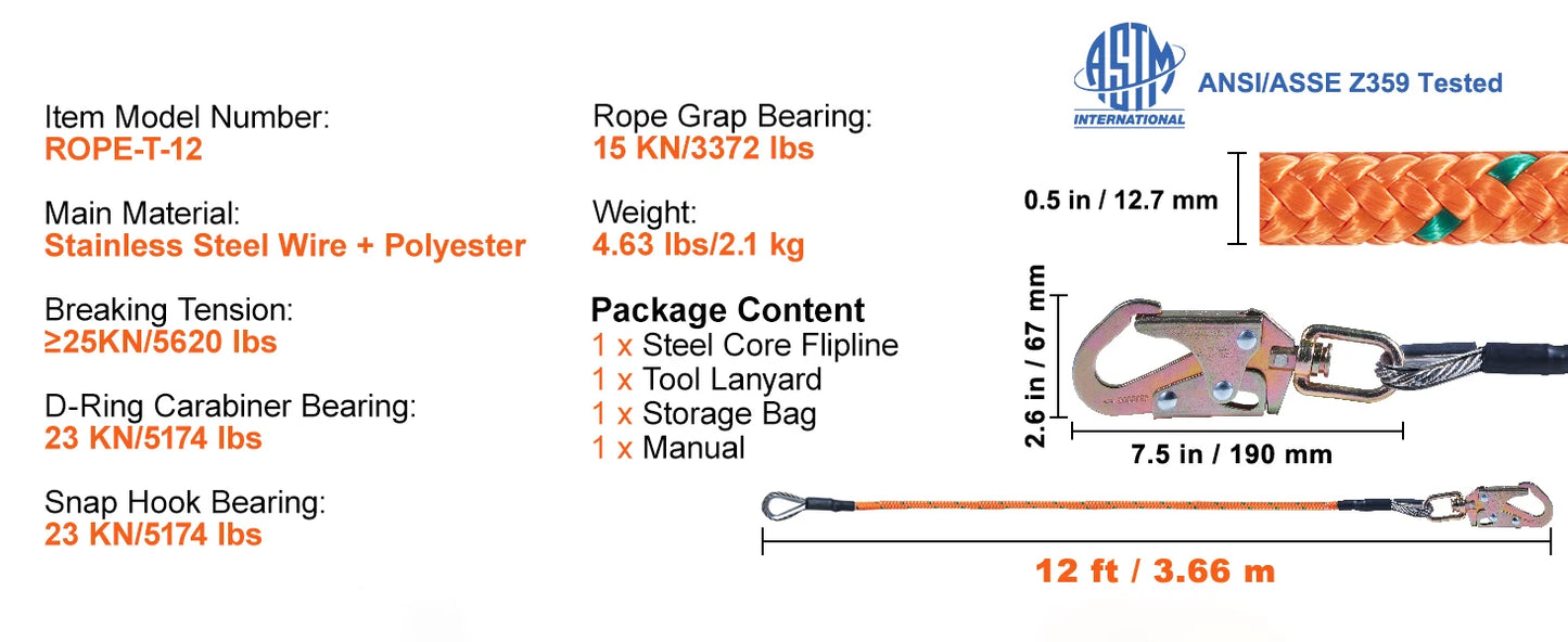 Steel Wire Core Flip Line Kit 25 KN Breaking Tension Snap Hooks Rope Grap