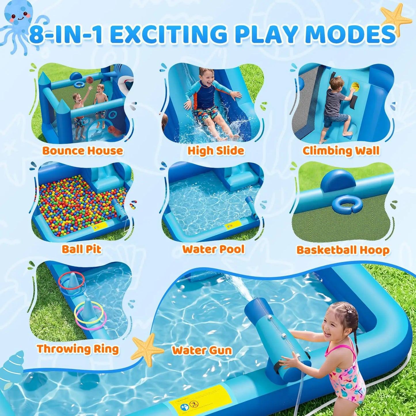 HiMISS Shark Inflatable Water Park With Slide Blower Splash Pool