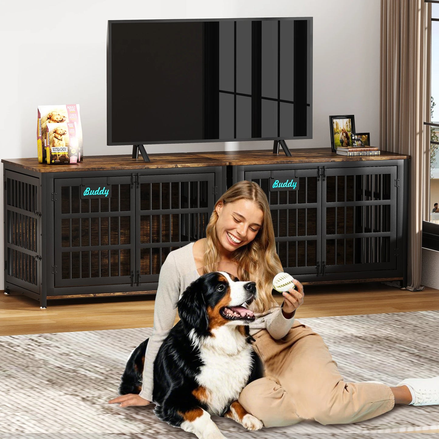 Heavy Duty Dog Crate Furniture With Casters As TV Stand