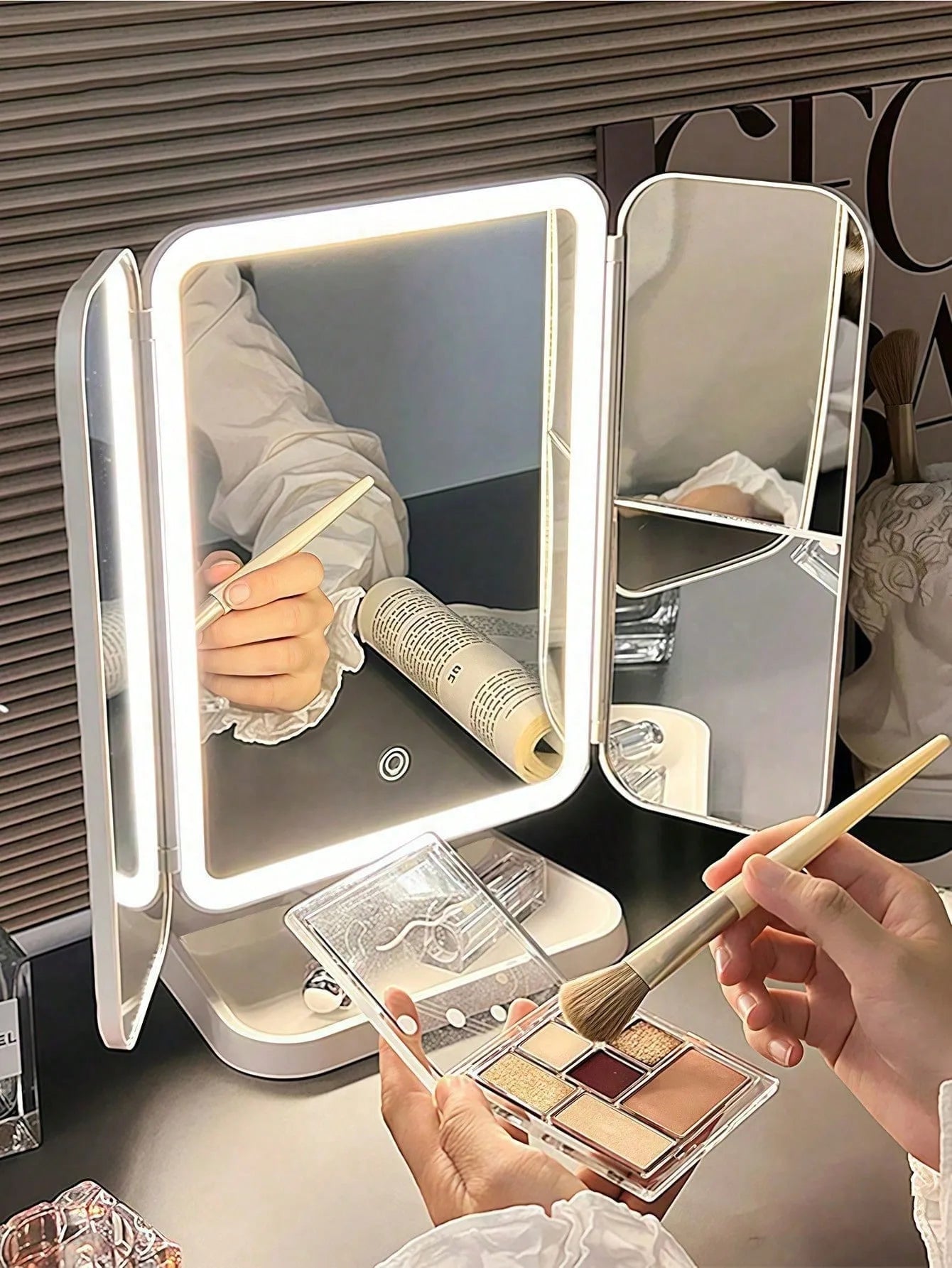 Trifold Makeup Mirror With LED Lights For Dorm Dressing