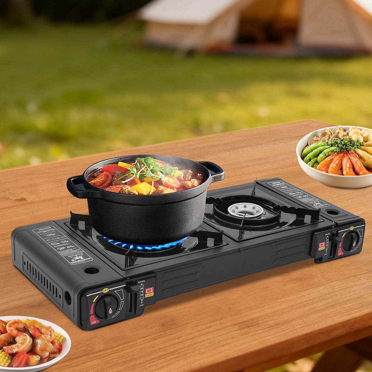2 Burner Piezo Ignition Camping Stove Portable For RV BBQ