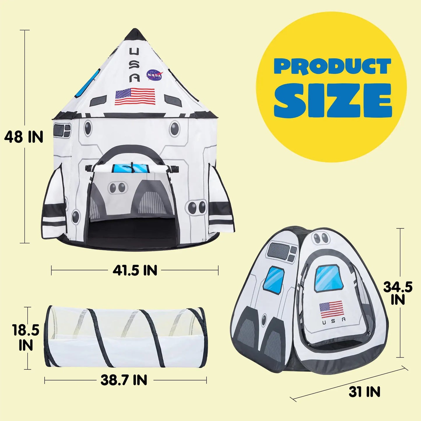 Joyfy Rocket Ship Pop Up Play Tent Set With Tunnel 3 Piece For Kids