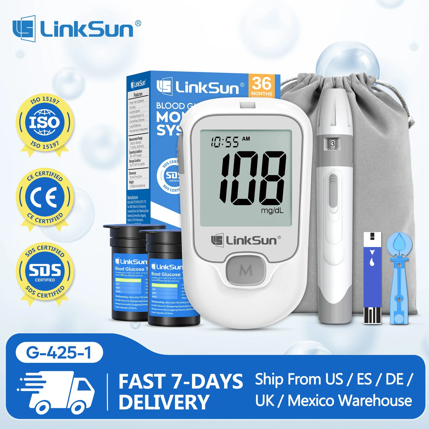 Linksun Blood Glucose Monitor With 50 Test Strips And Lancets
