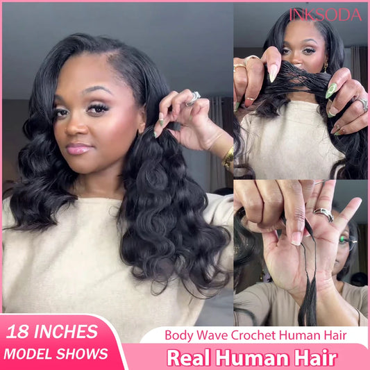 Inksoda Body Wave Feather Crochet Hair Extensions Knotless Lightweight