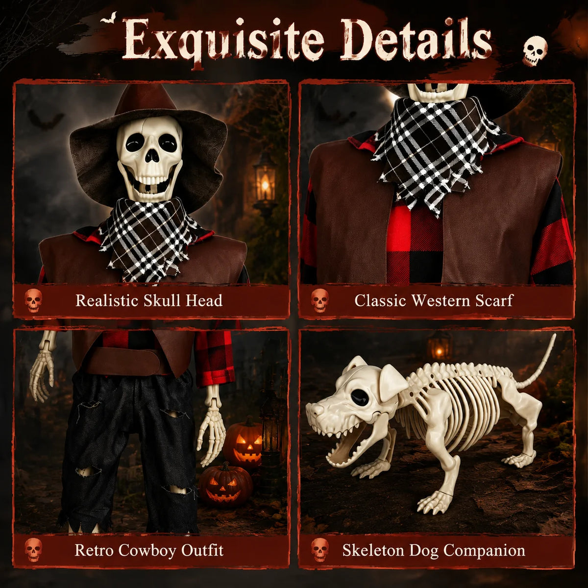 Posable Skeleton And Dog Halloween Cowboy Outdoor Decorations Set