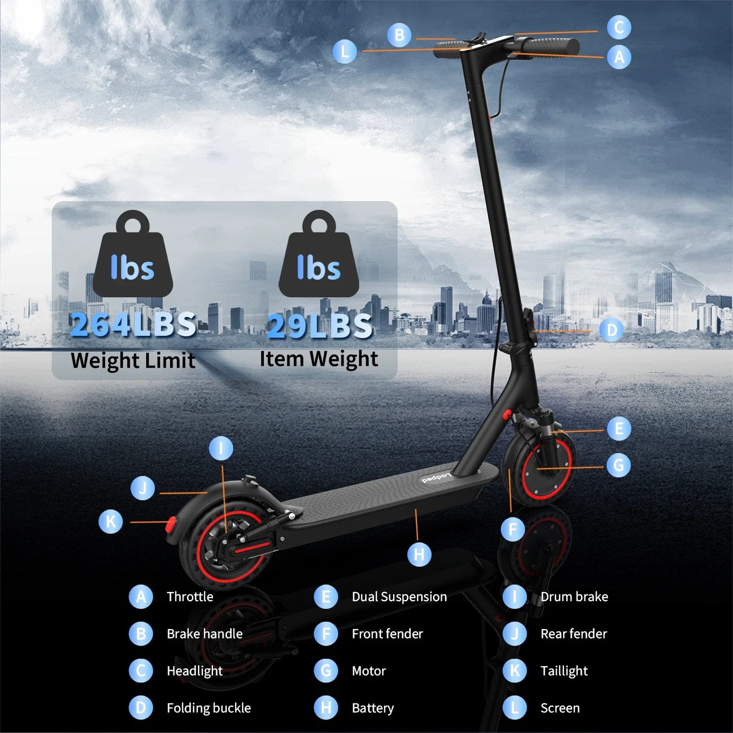 Ladped LP07 Electric Scooter 350W 19mph Dual Suspension App Control