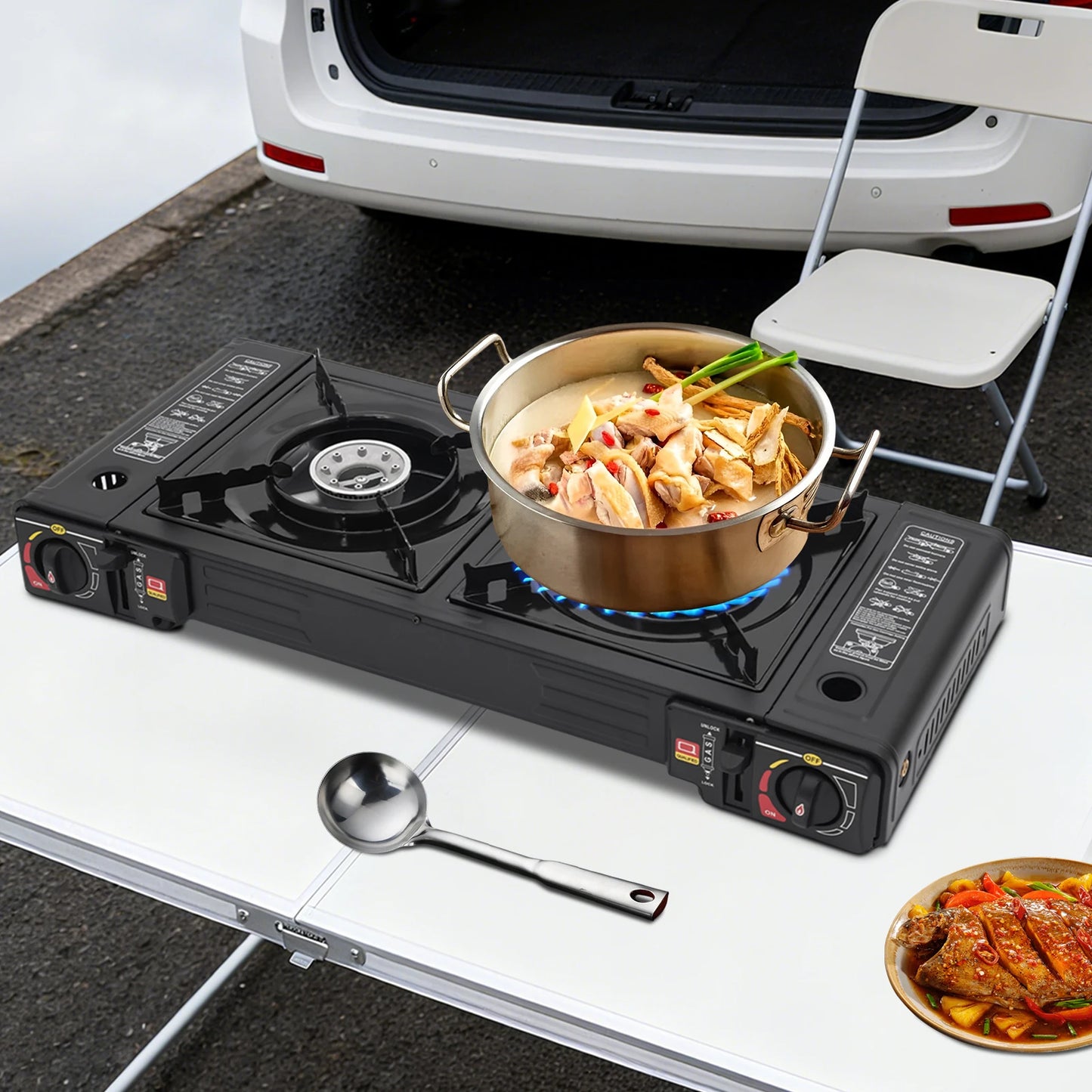 2 Burner Piezo Ignition Camping Stove Portable For RV BBQ