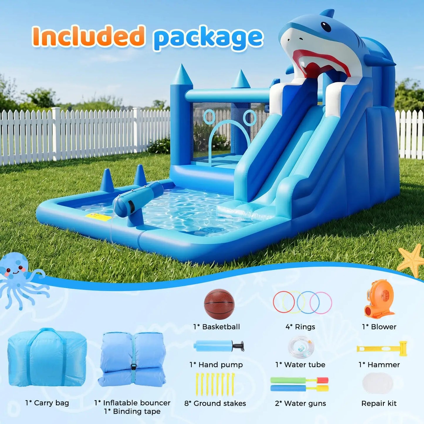 HiMISS Shark Inflatable Water Park With Slide Blower Splash Pool