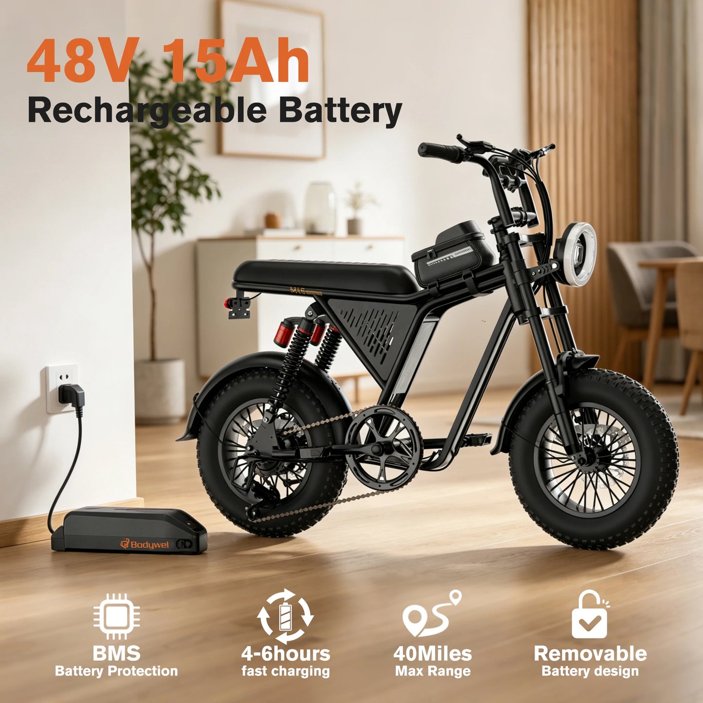 Bodywel M16 Pro Fat Tire Electric Bike With Removable Battery 40 Mile Range