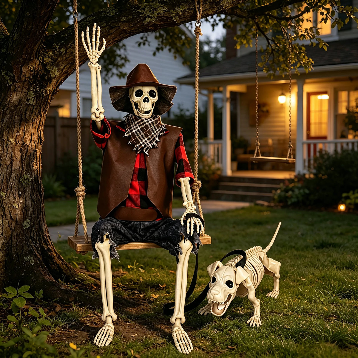 Posable Skeleton And Dog Halloween Cowboy Outdoor Decorations Set