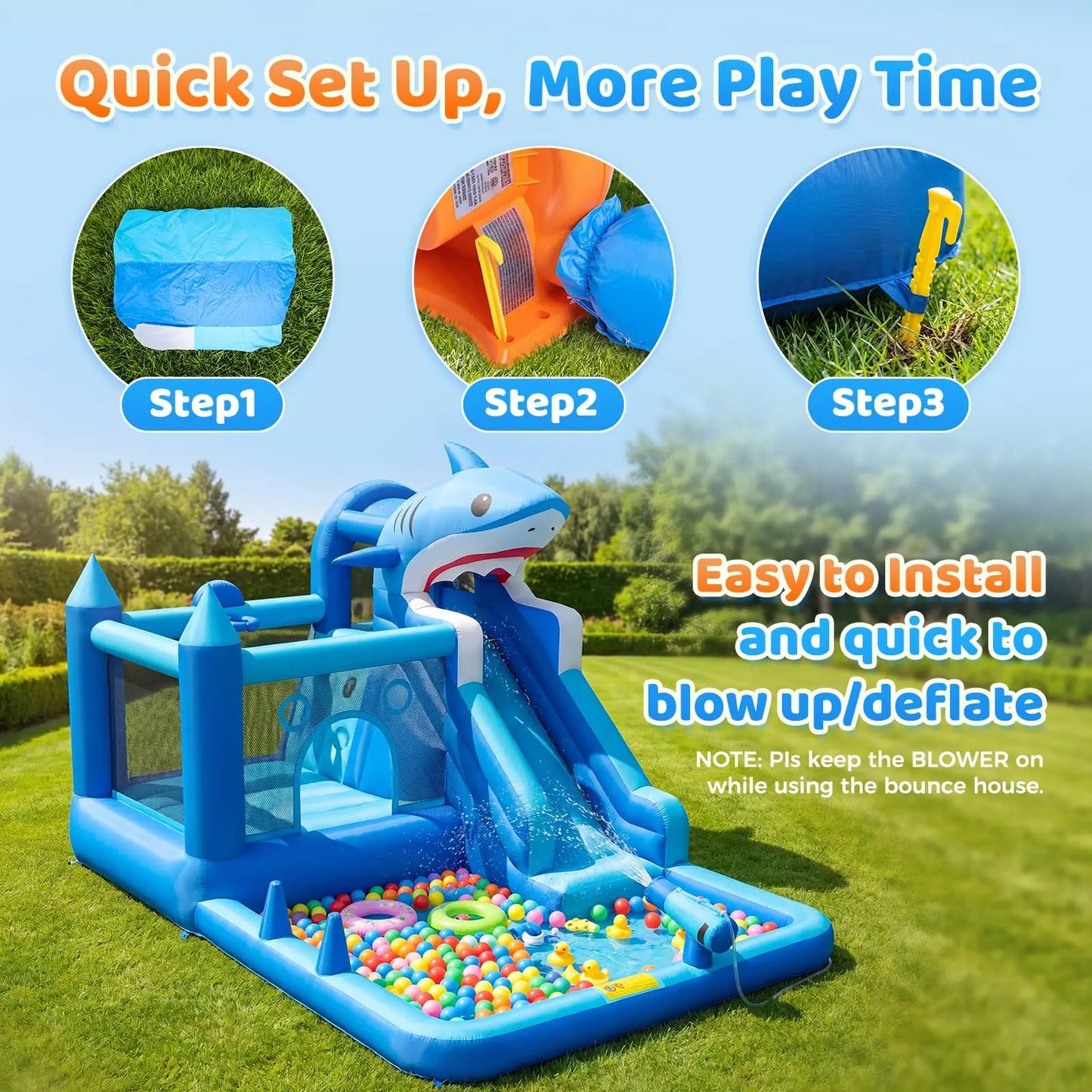HiMISS Shark Inflatable Water Park With Slide Blower Splash Pool