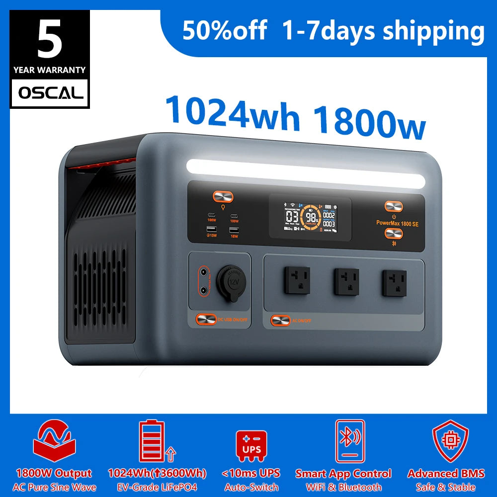 OSCAL Portable Power Station With LiFePO4 Battery And Solar Charging