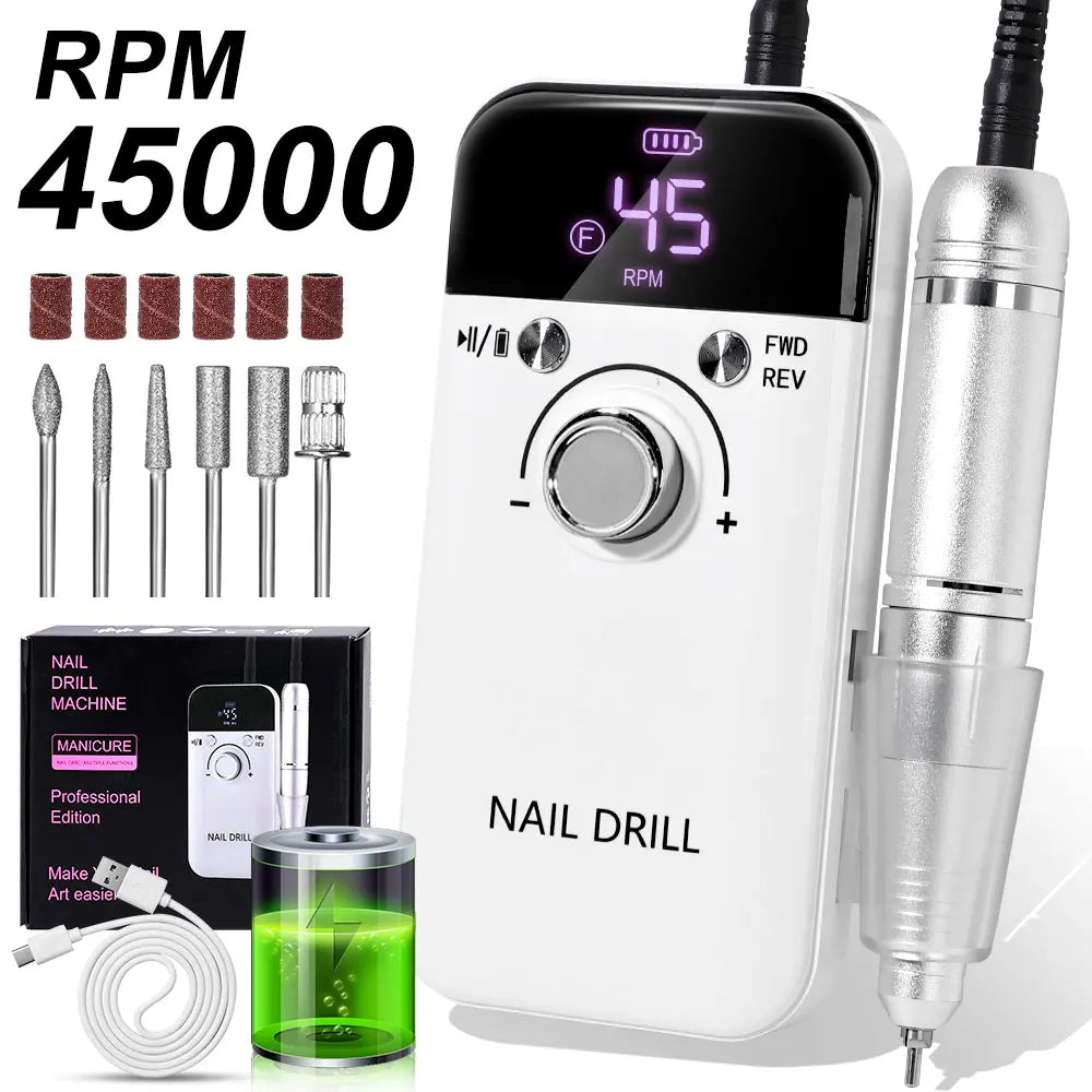 Nail Drill 45000 RPM Rechargeable Electric File For Acrylic Gel Removal