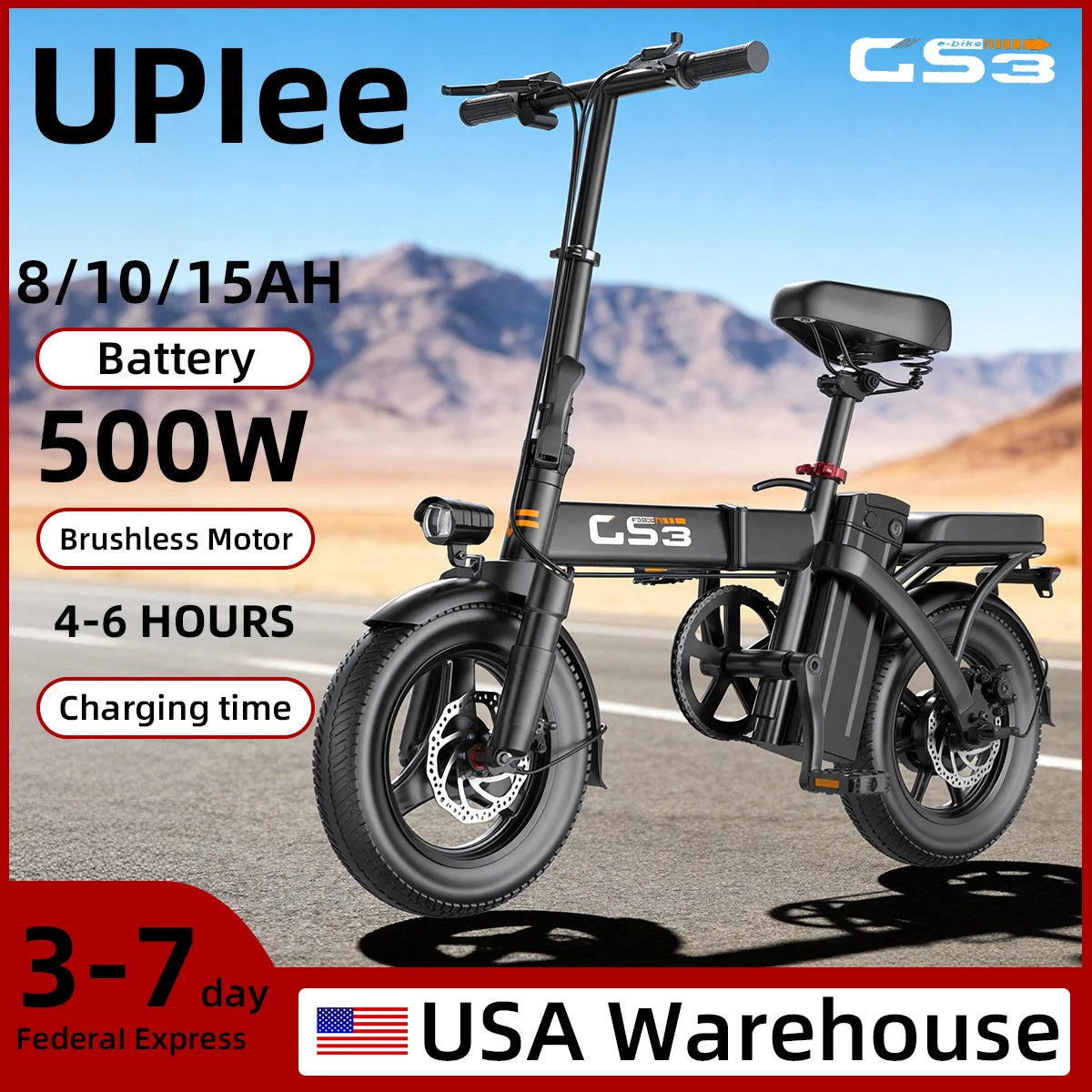 UPlee Electric Bike 500W Brushless Motor 48V 15Ah Battery Long Range