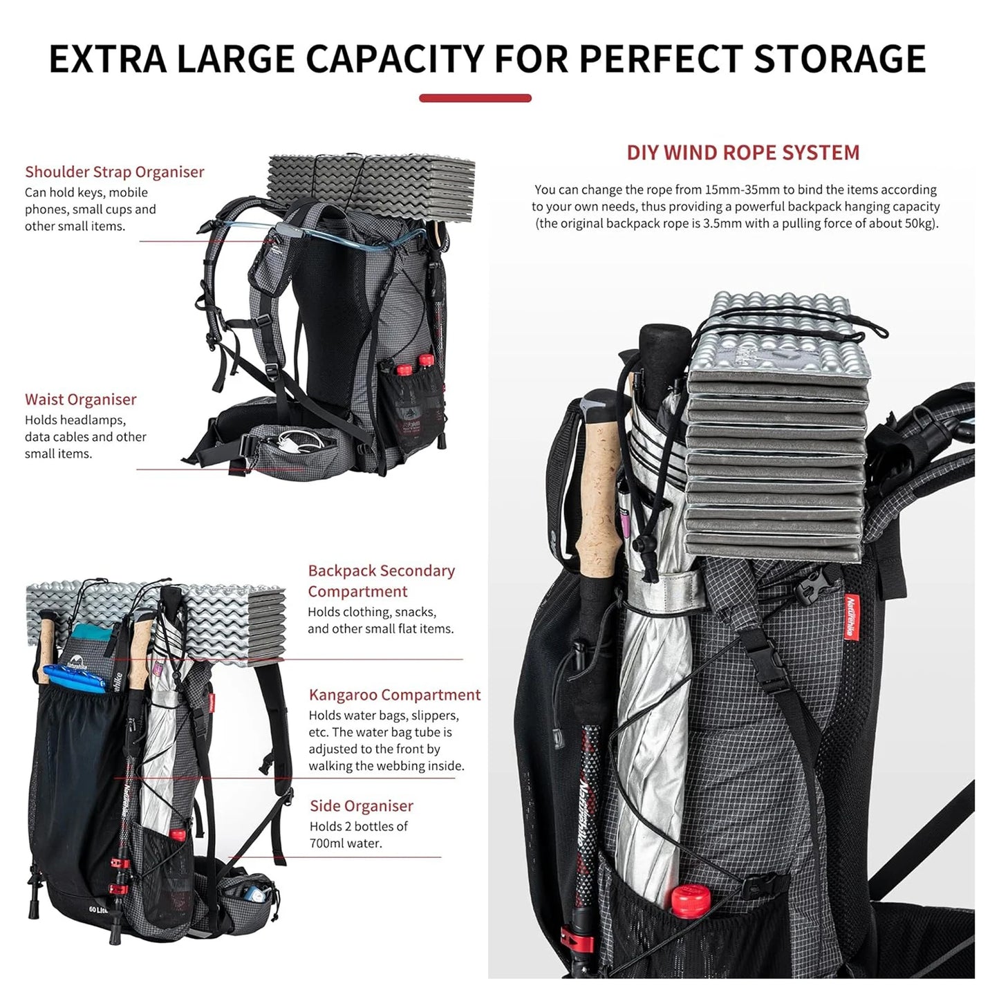 Naturehike Outdoor Mountain Backpack Waterproof With Rain Cover High Capacity
