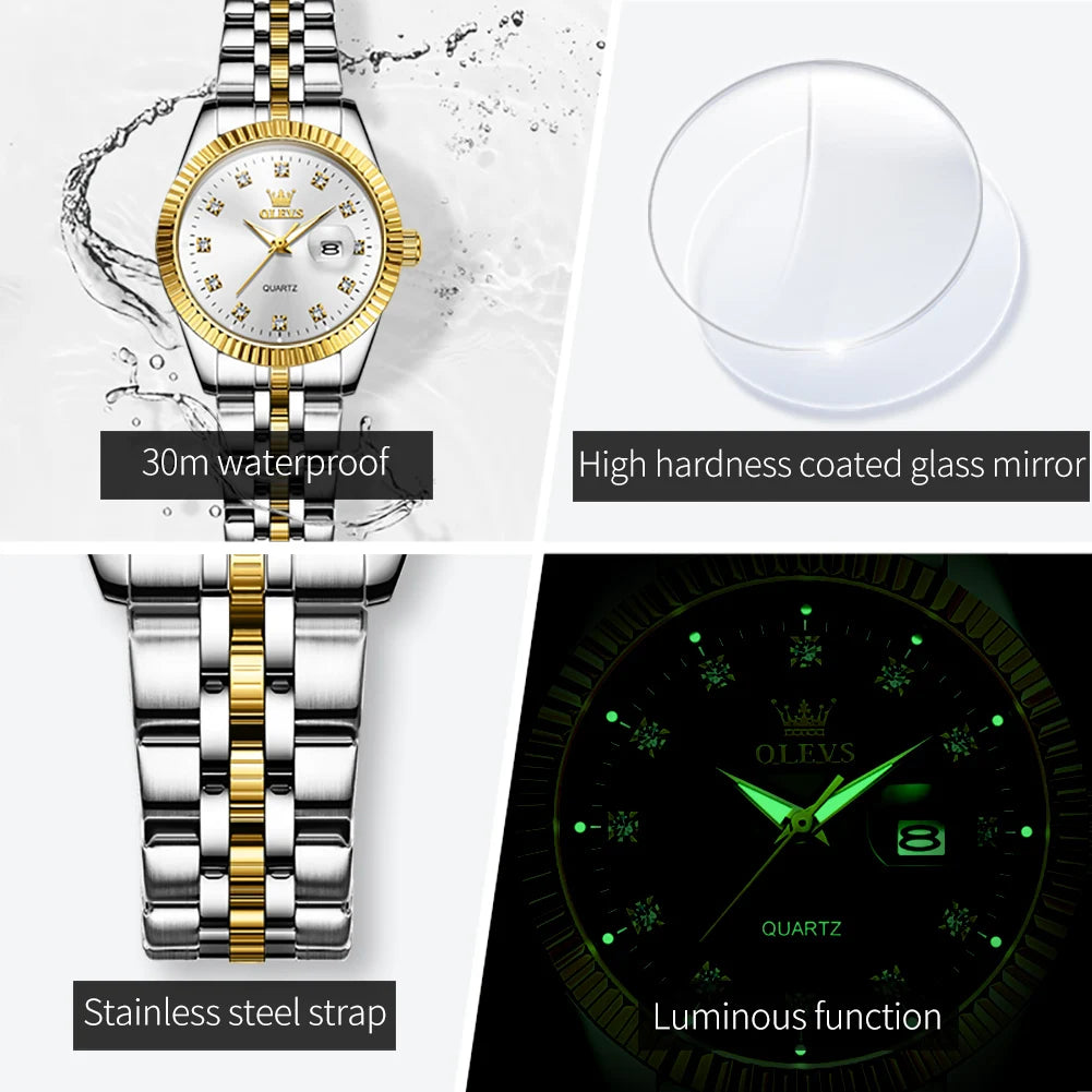 Olevs Luxury Diamond Luminous Stainless Steel Women's Wristwatch
