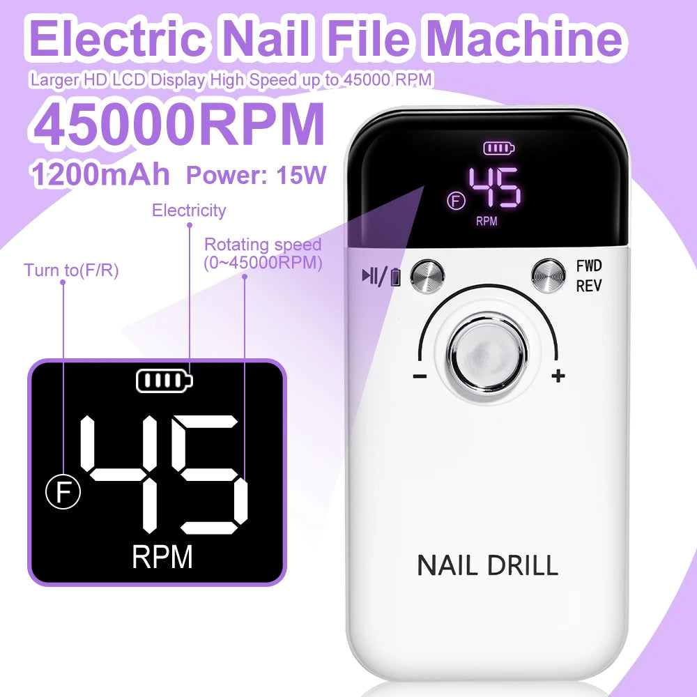 Nail Drill 45000 RPM Rechargeable Electric File For Acrylic Gel Removal