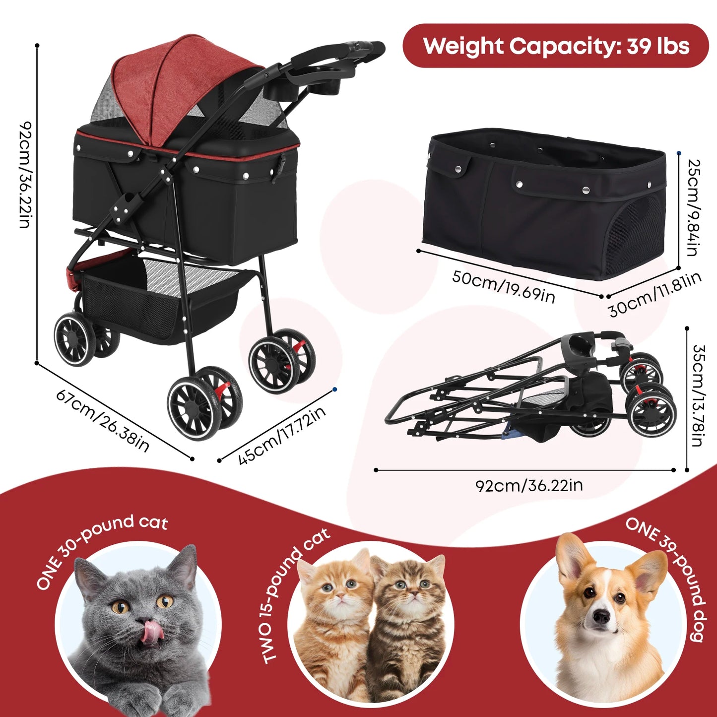 Chihuahua Pet Stroller Foldable For Dogs And Cats 3 Wheels
