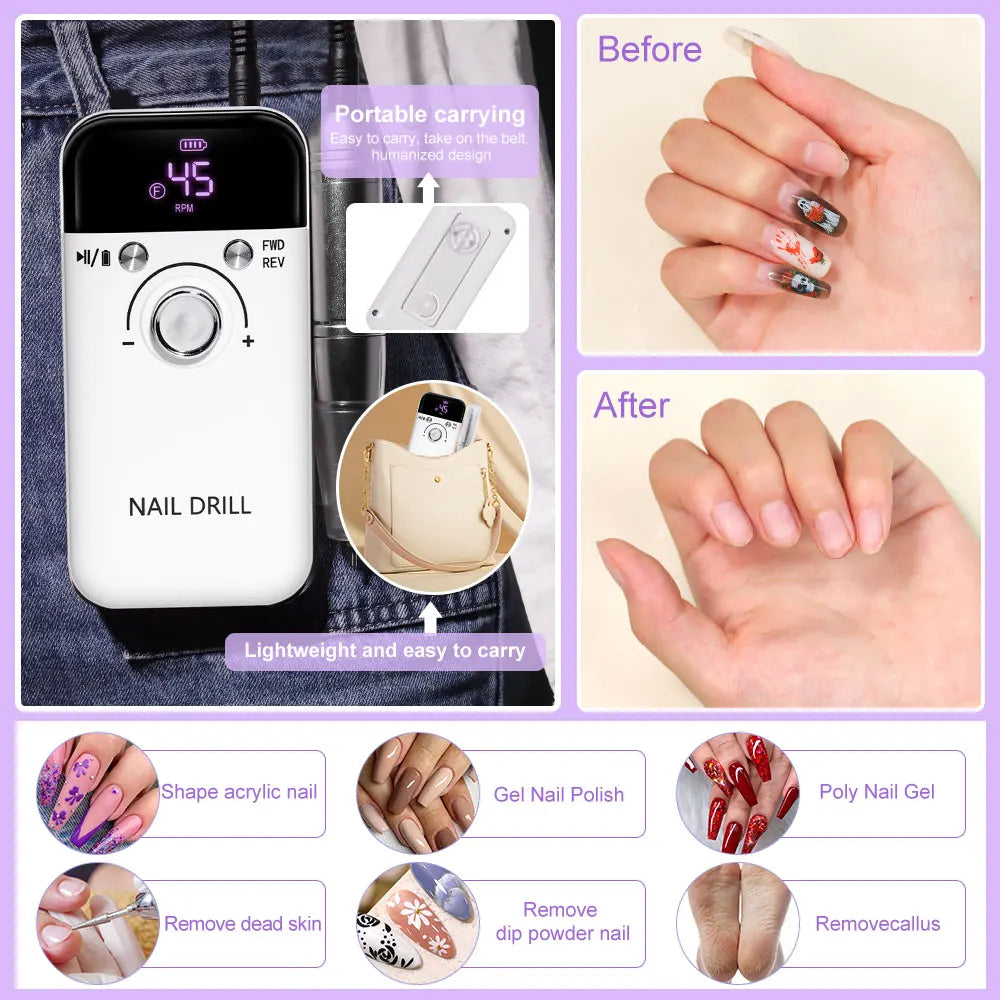 Nail Drill 45000 RPM Rechargeable Electric File For Acrylic Gel Removal
