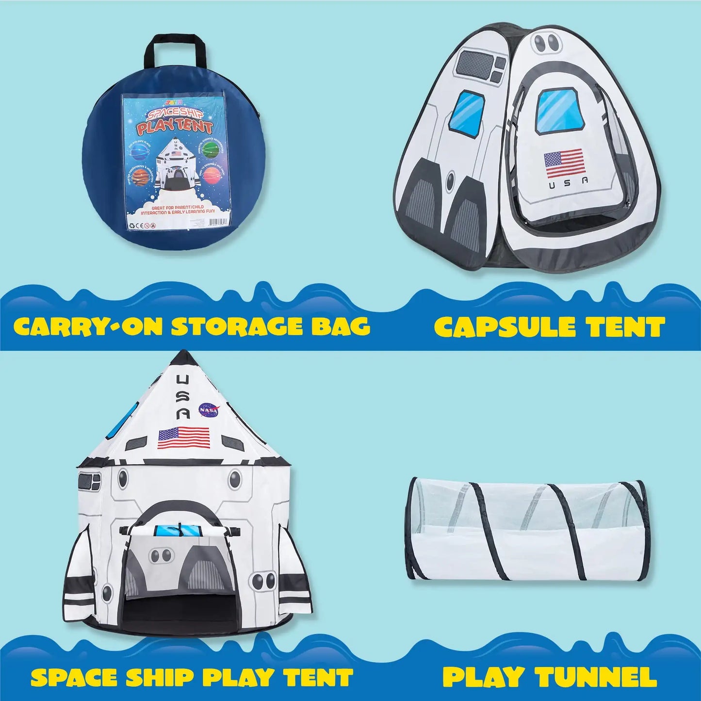 Joyfy Rocket Ship Pop Up Play Tent Set With Tunnel 3 Piece For Kids