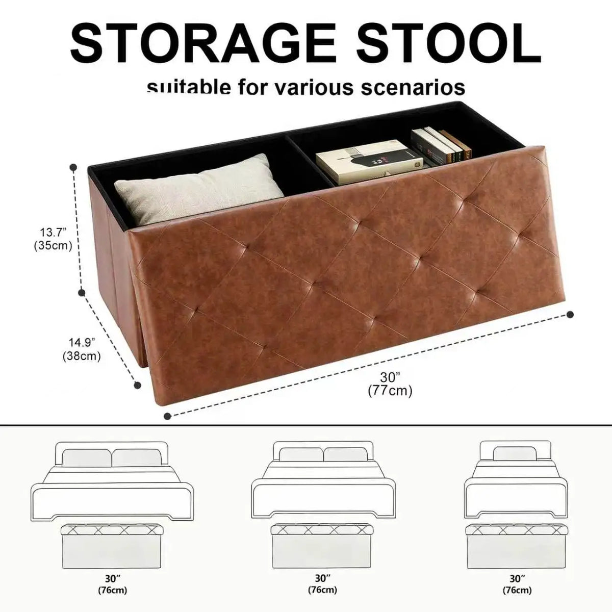 SARENZOON Tufted Faux Leather Folding Storage Ottoman With Footrest