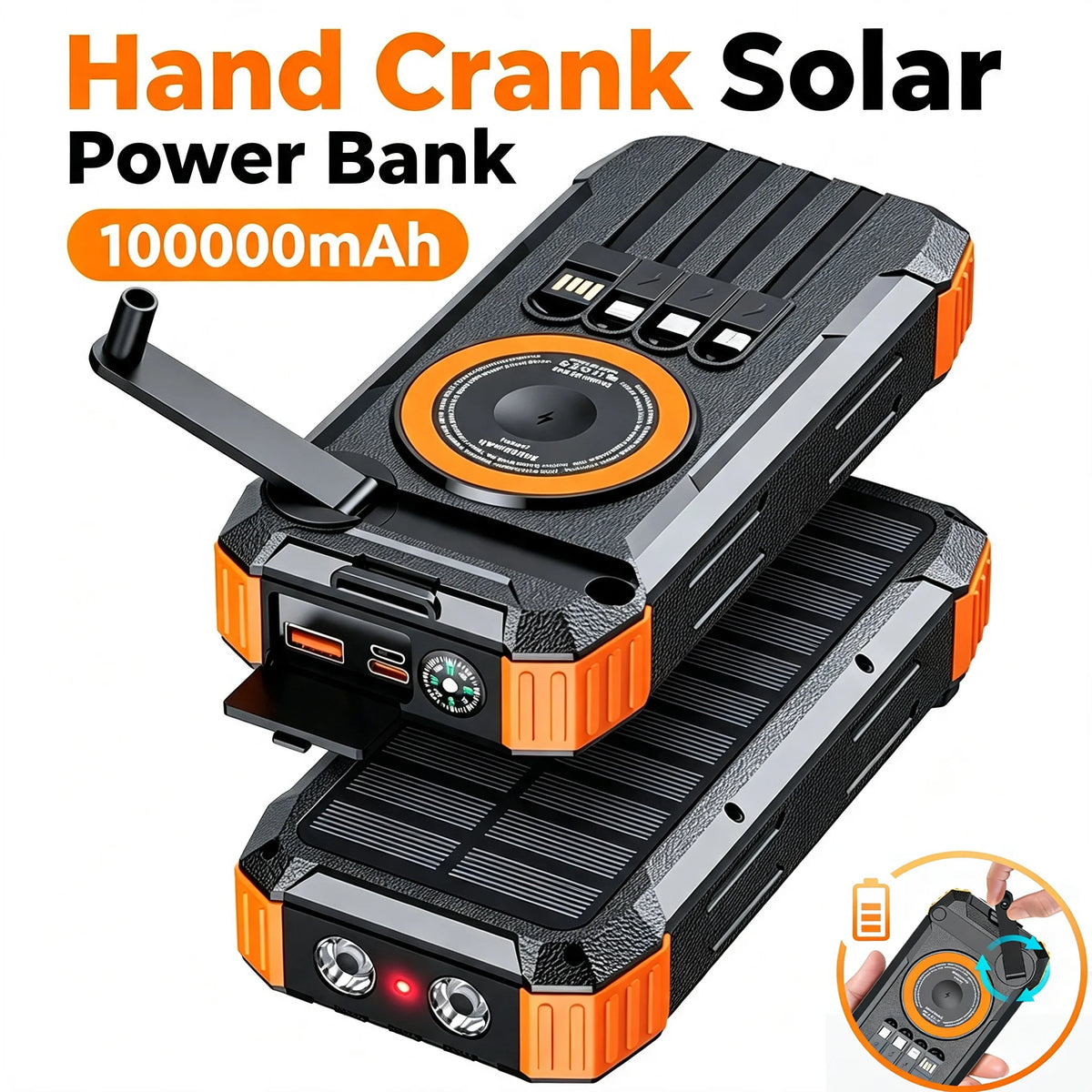 Rscrola Hand Crank Solar Power Bank Wireless Charger LED Light