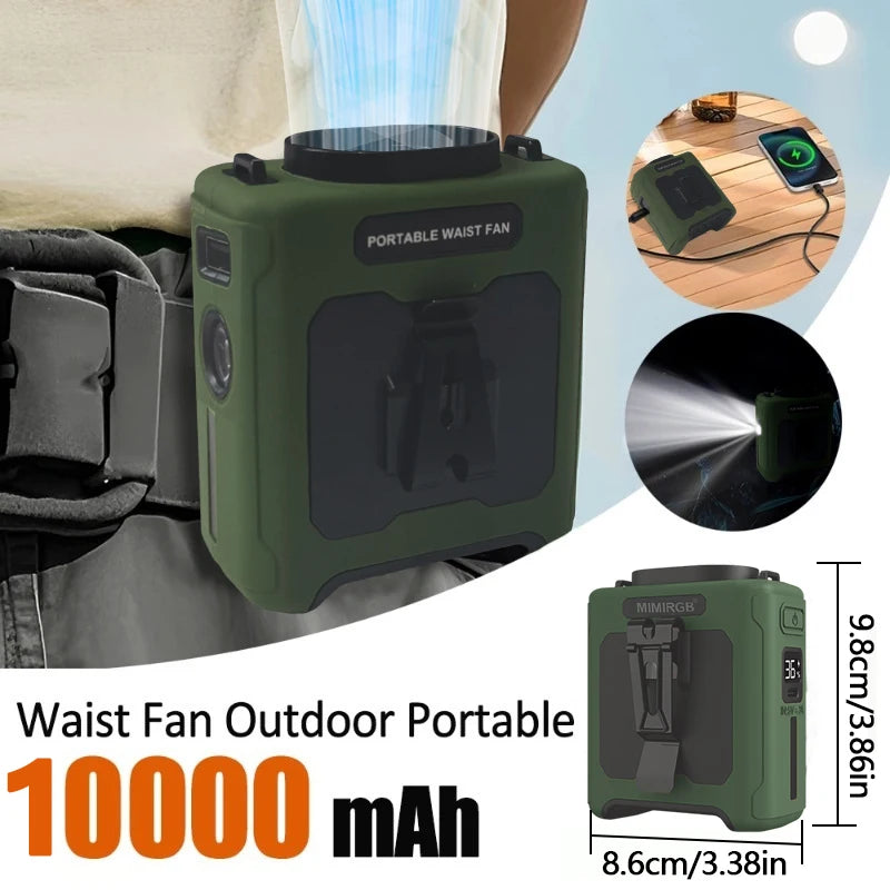 10000mAh Portable Waist Clip Fan With Flashlight For Outdoor Use