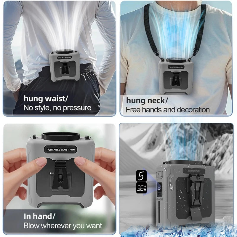 10000mAh Portable Waist Clip Fan With Flashlight For Outdoor Use