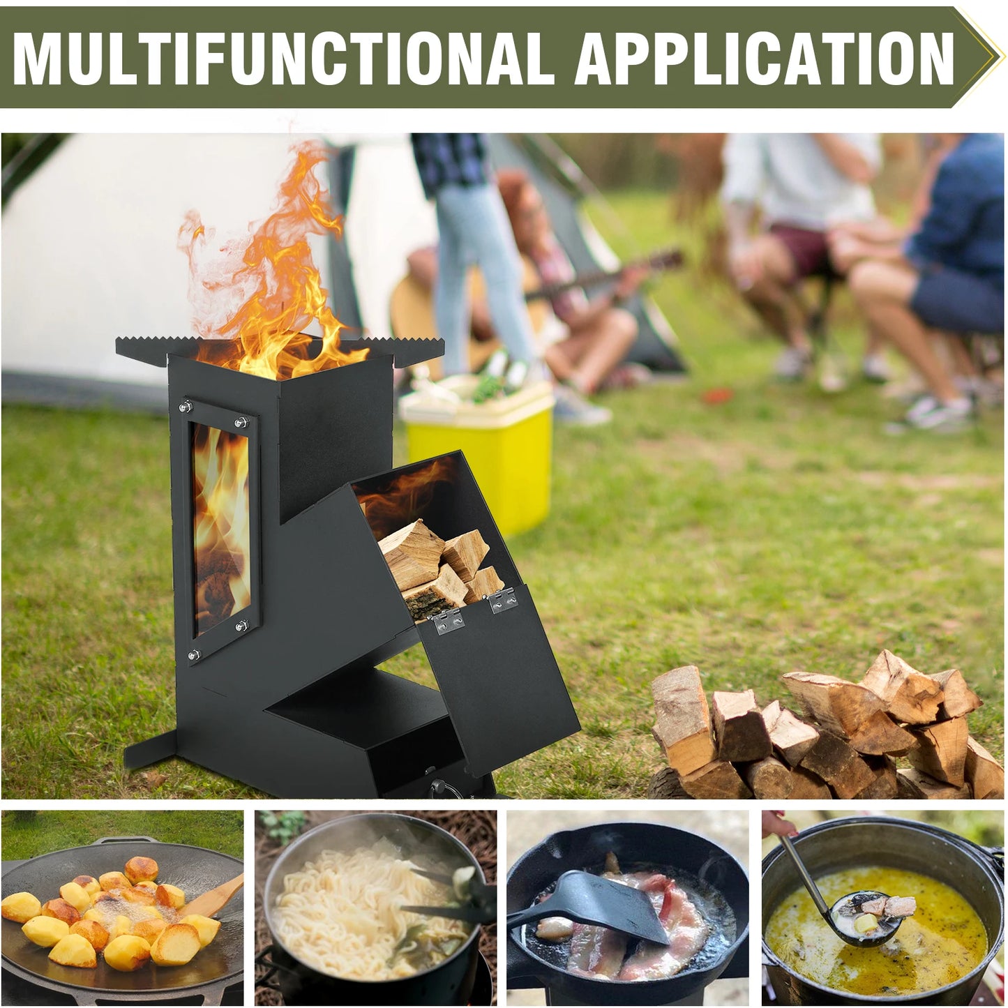 Portable Rocket Stove With Glass Door Outdoor Camping Grill