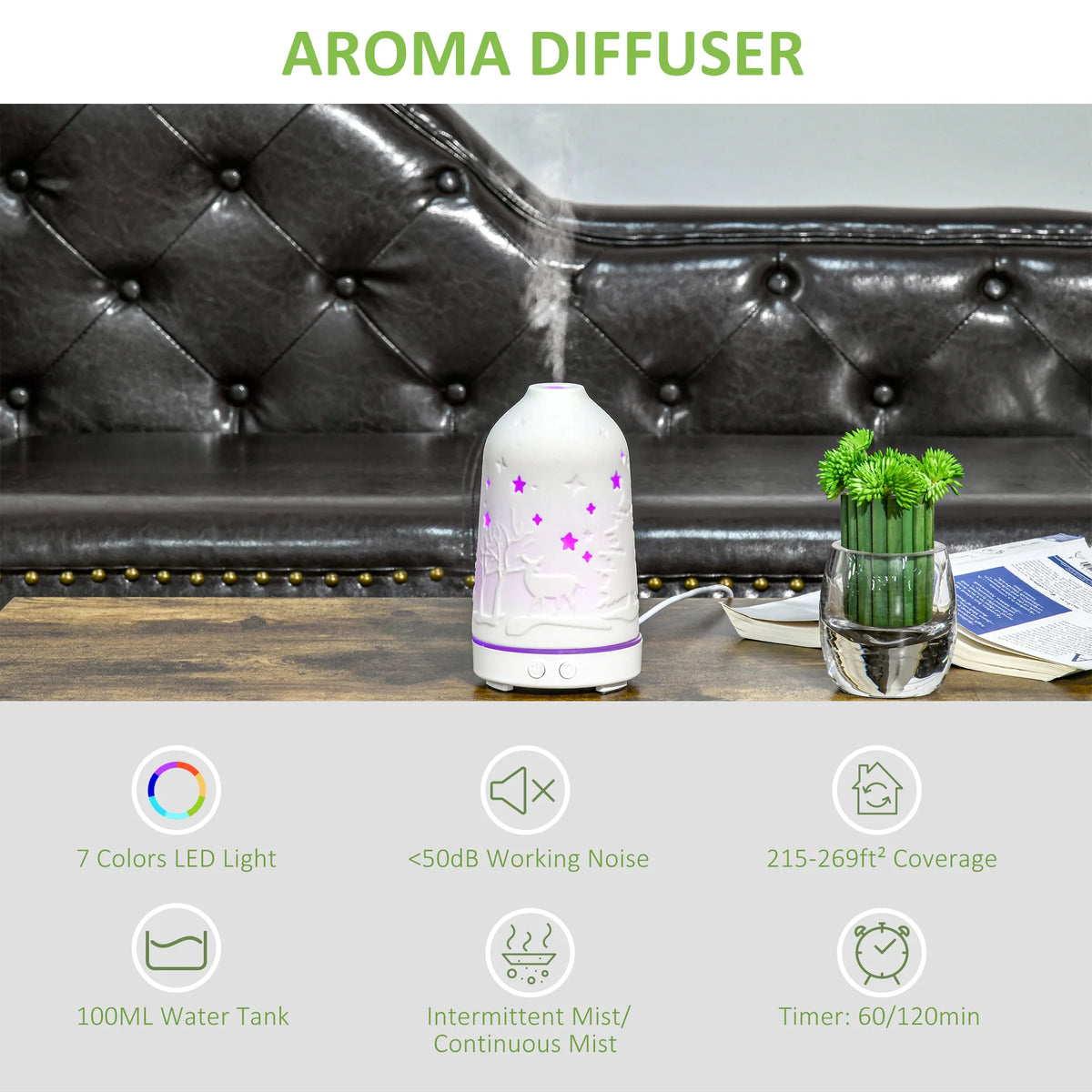 HOMCOM Ultrasonic Aromatherapy Diffuser Humidifier With Ceramic Cover