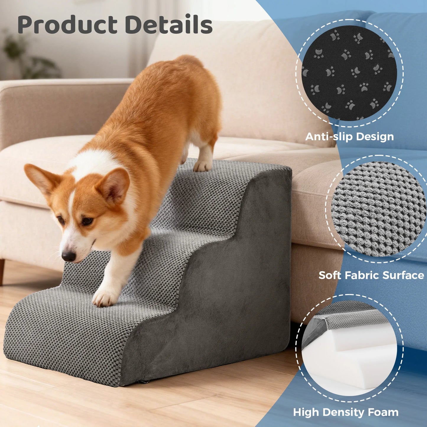 High Density Foam Dog Stairs 3-5 Step Curved Ramp Small Dogs