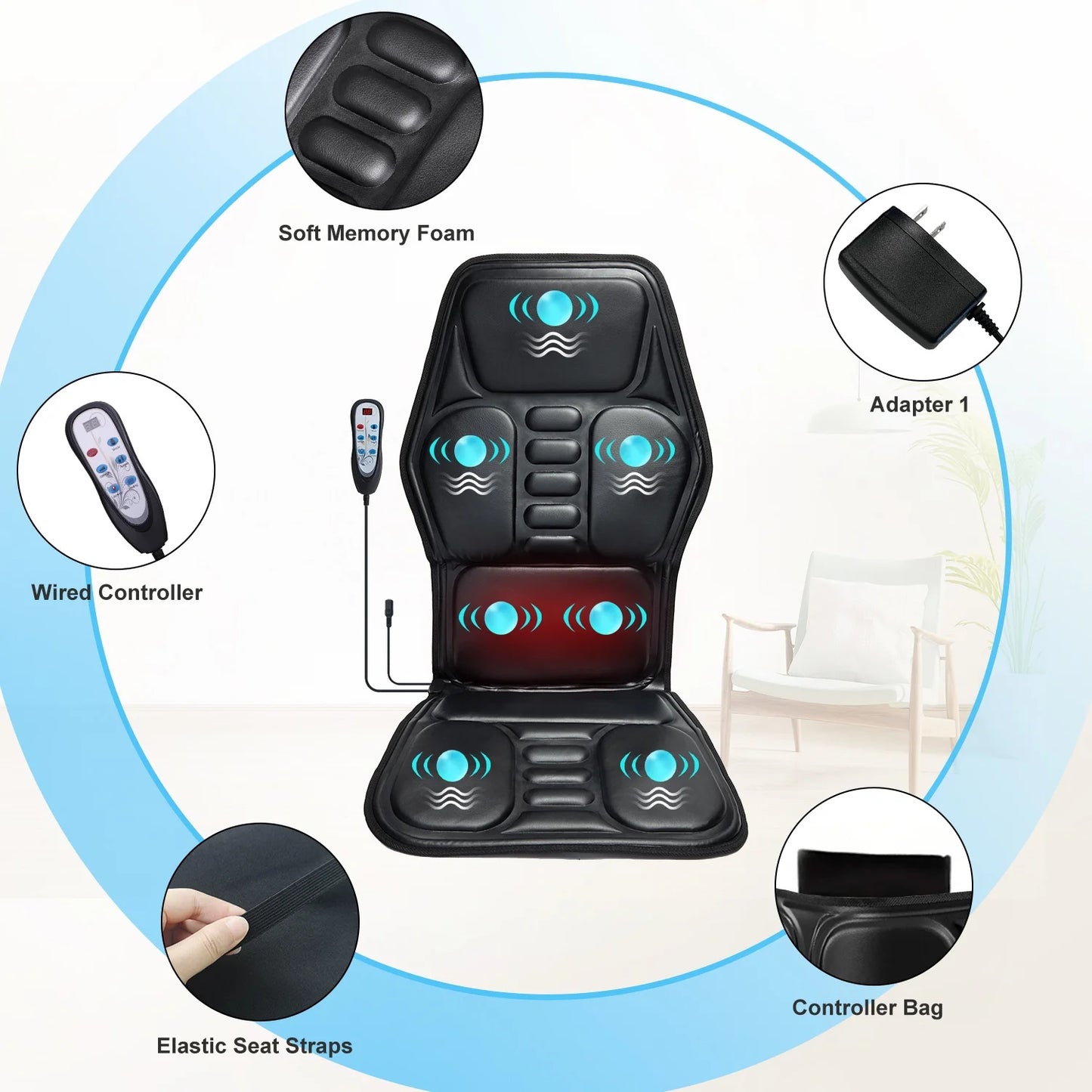 HOMEMASSA Massage Chair Pad With Heat Back Massage Seat Cushion 9 Modes