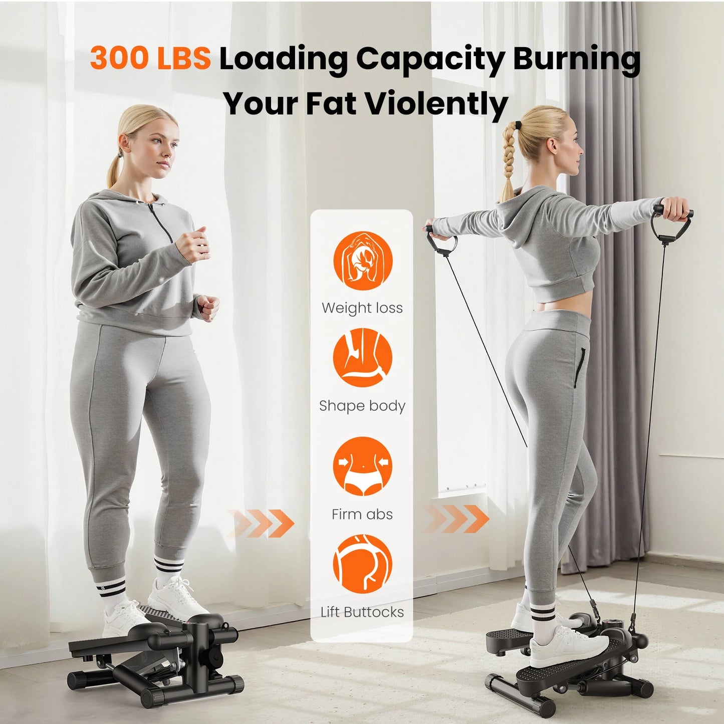 Mini Stepper With Resistance Bands 300 Lbs Capacity Home Cardio